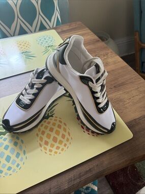 Donna Karan White Sneakers with Black and Gold Trim